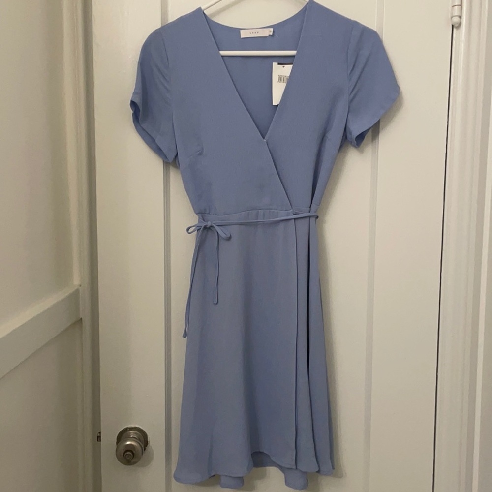 Periwinkle blue wrap mini dress